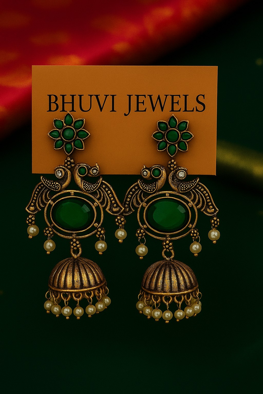 Green Peacock Temple Jhumka Earrings — Earrings by Bhuvi Jewels