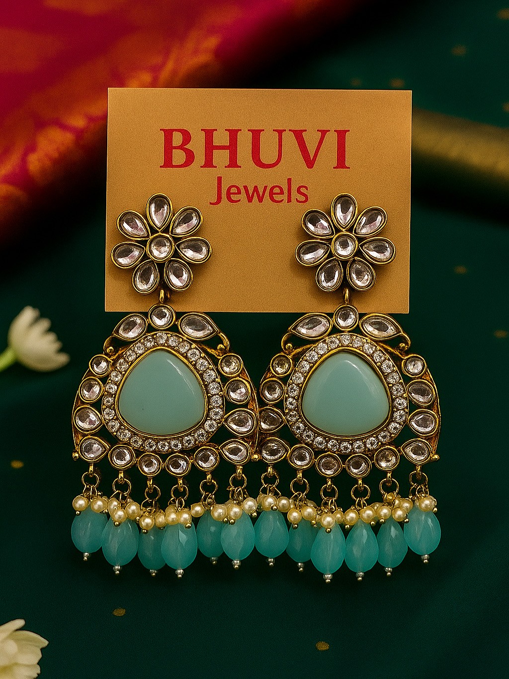Mint Kundan Chandbali Earrings — Earrings by Bhuvi Jewels