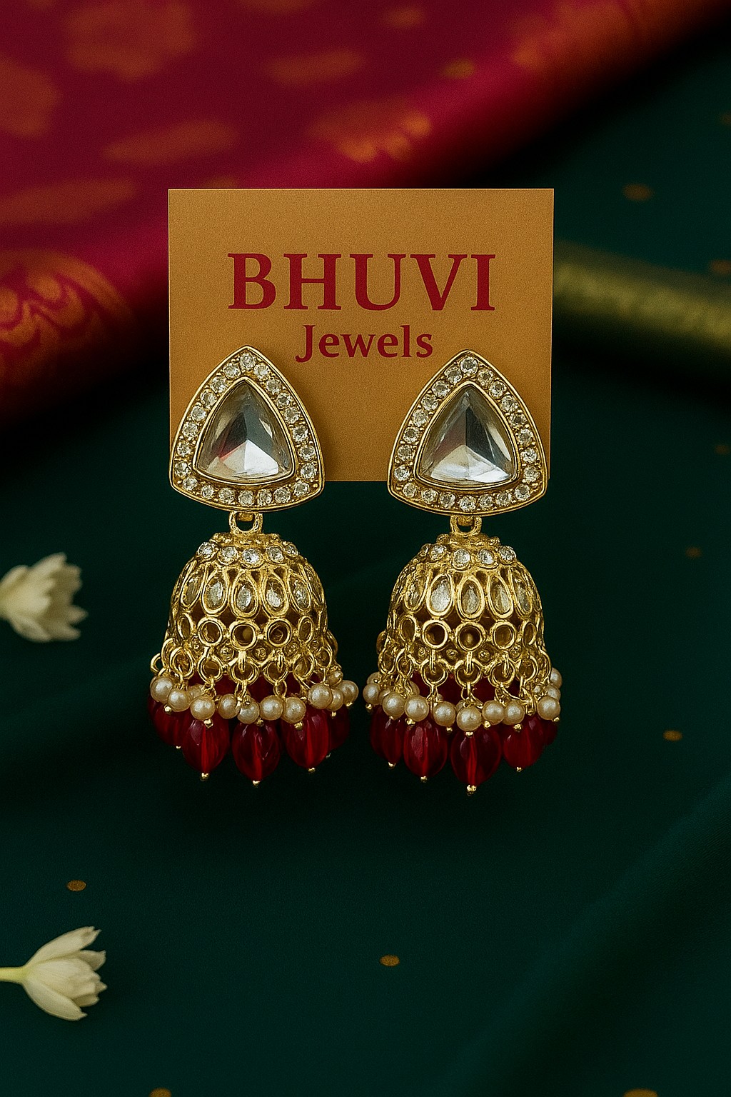 Red Kundan Dome Jhumka Earrings — Earrings in gold finish