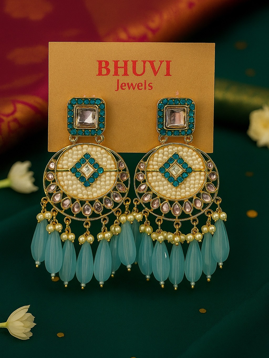 Turquoise Pearl Chandbali Earrings — Earrings in gold finish