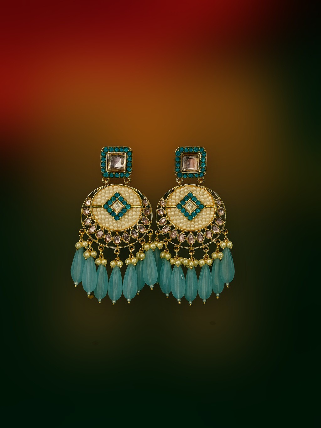 Yellow Hexagon Crystal Chandbali Earrings — Earrings in gold finish