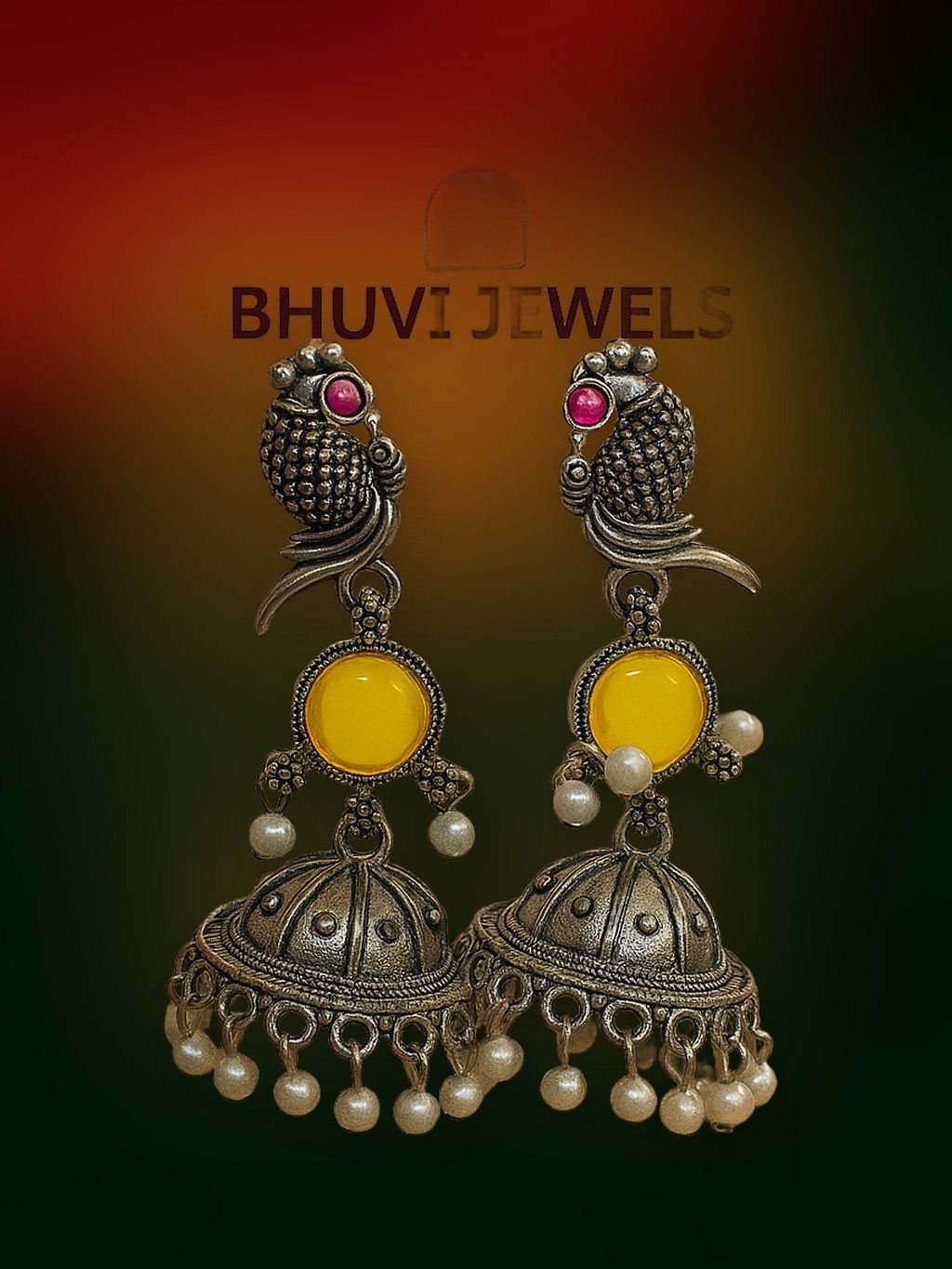 Yellow Parrot Oxidised Jhumka Earrings — Earrings by Bhuvi Jewels